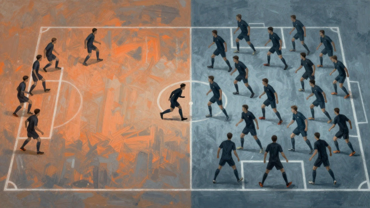 Artistic comparison of open historical football tactics versus dense modern defensive formations