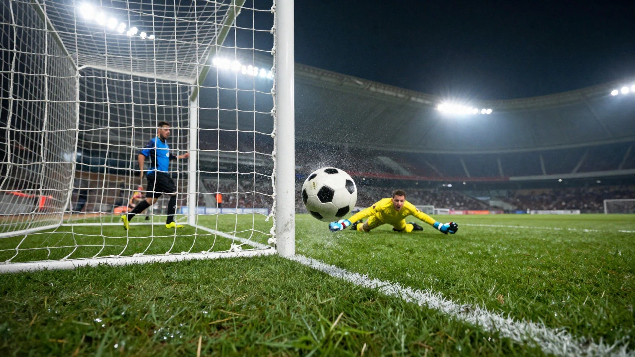 Football hitting the back of the net with a diving goalkeeper in the background