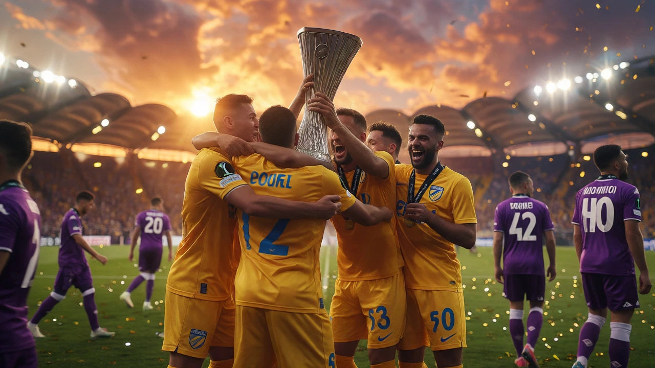 Празднование победы игроками АПОЭЛ с трофеем Лиги конференций